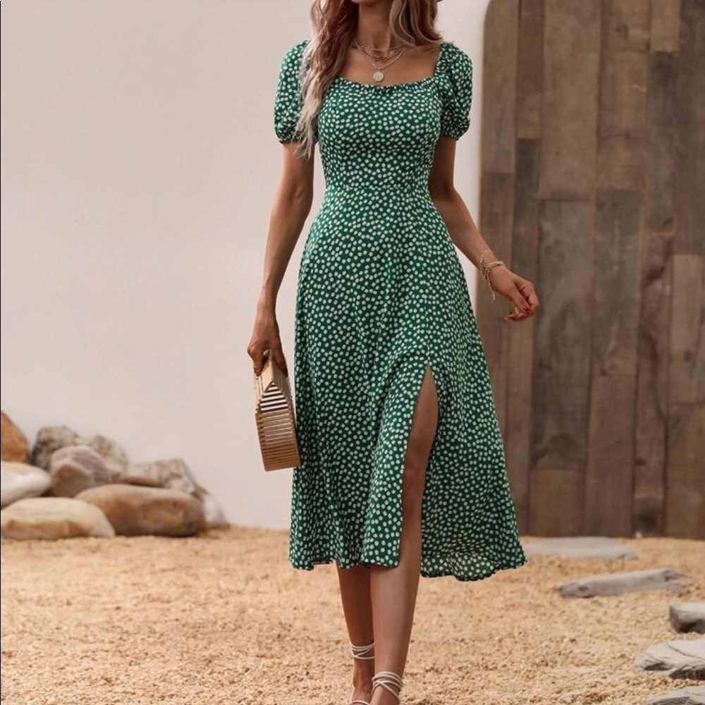 Boho polka dots puff sleeve slit thigh dress - Picture 5 of 16